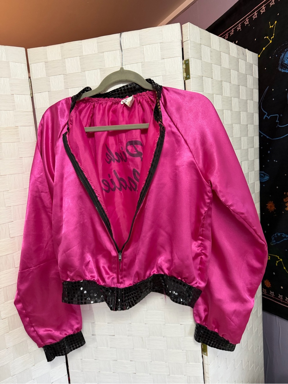 Halloween Pink Satin Bomber Jacket with Sequin Trim